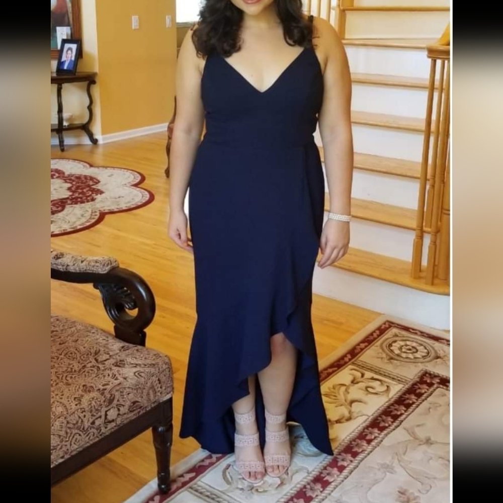 Xscape Navy Crepe High Low Dress